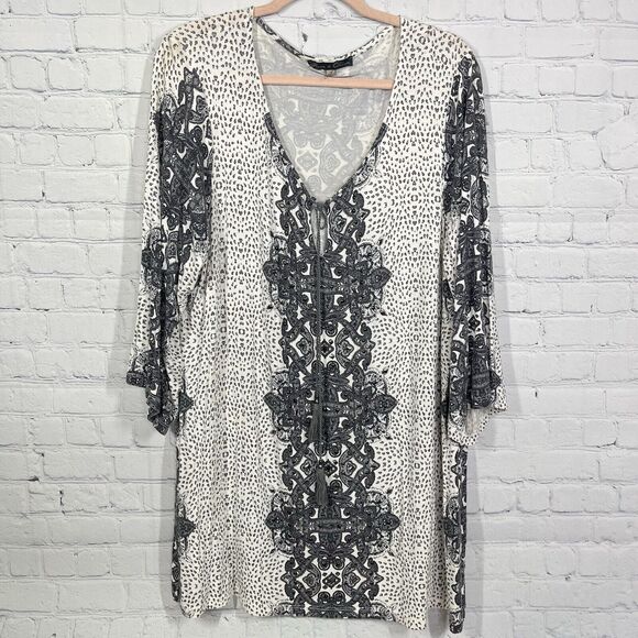 Rose & Olive Peasant Tunic Women Plus 2X Ivory Flowy Knit Beaded Artsy Blouse - Picture 1 of 12